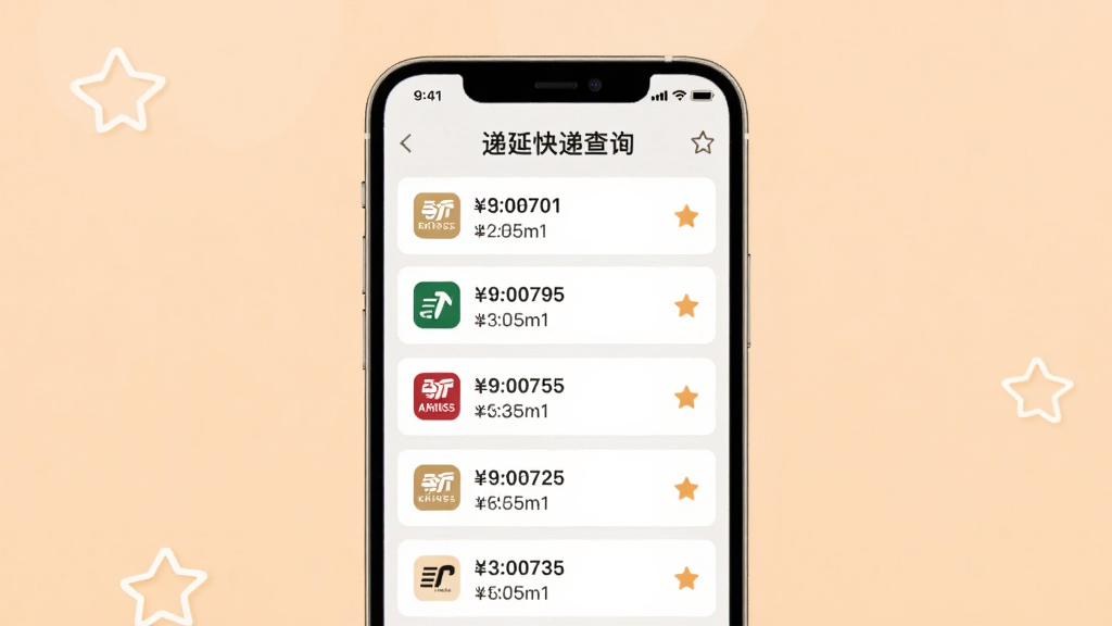 画面中央是一部手机,手机屏幕上显示“递延快递查询”的收藏列表界面,列表中有多个快递单号和对应的快递公司图标,旁边有星星收藏标记,背景为柔和的浅橙色,风格清新,画质清晰,干净无多余元素