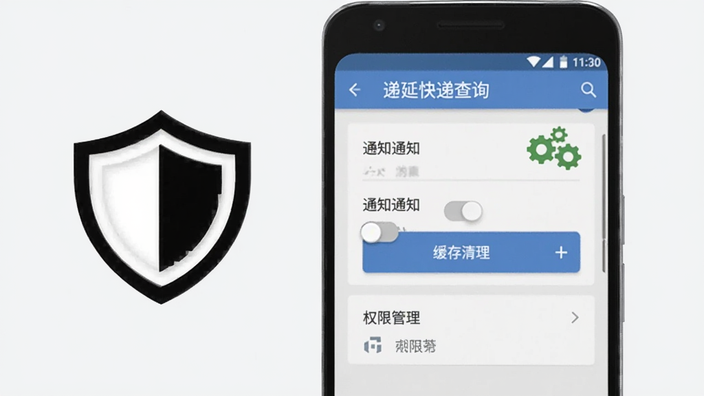 画面中一部安卓手机屏幕显示“递延快递查询”的设置页面,页面中有通知开关、缓存清理按钮和权限管理选项,手机旁边有一个盾牌图标和齿轮图标,背景为浅灰色,风格简洁,画质清晰,干净无多余元素