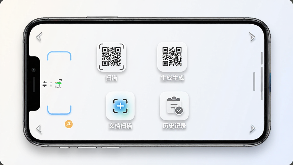 一张展示扫码全能王软件主界面的手机预览图,画面中央是一部现代智能手机,屏幕上清晰显示扫码全能王APP界面,界面包含扫描二维码、生成二维码、文档扫描、历史记录四个主要功能图标,背景为干净的浅色渐变,风格简洁现代,细节包括图标阴影和按钮高光,画质清晰锐利,干净无多余元素