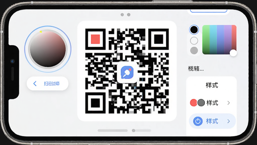 扫码全能王软件中二维码生成功能界面截图,画面展示手机屏幕内一个正在生成的彩色二维码,二维码中心带有小图标,周围有颜色选择器和样式选项,背景为干净的白色,风格现代简约,细节包括按钮圆角和阴影,画质清晰,干净无多余元素