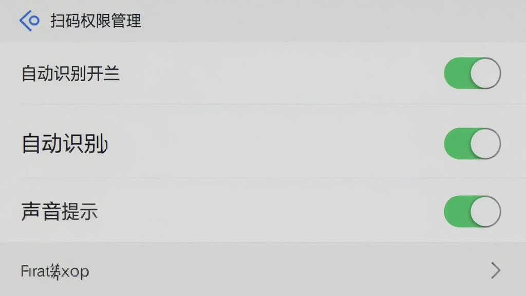 扫码全能王软件设置界面手机截图,屏幕显示权限管理、自动识别开关、声音提示等选项,界面为浅灰色调,风格简洁,细节包括开关按钮和列表项,画质清晰,干净无多余元素