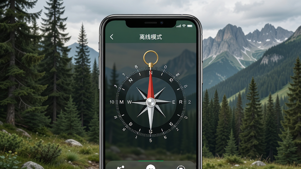 一张展示指南针Pro离线可用功能的AI生图,画面主体为一部手机在无信号的山野环境中显示指南针Pro罗盘界面,屏幕上方显示“离线模式”字样,背景为森林与山峰,风格写实,画质干净,无多余元素