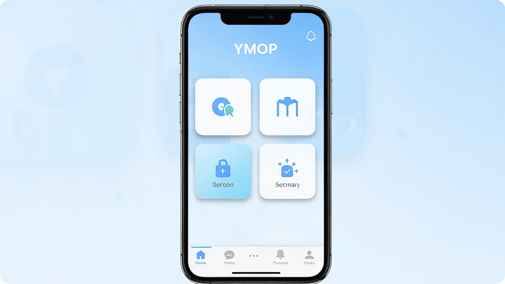 主体是手机屏幕正面展示“YMOP”软件主界面,布局为居中展示,界面内包含几个大号功能按钮和底部导航栏,排版整齐对称,风格为清新简约UI设计风,细节上按钮有轻微阴影效果,背景为浅蓝色渐变,画质高清,干净,无多余元素