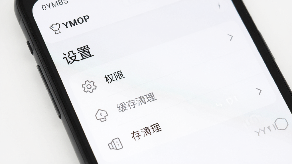 主体是一个手机屏幕显示“YMOP”软件设置页面,布局为上下结构,上方是标题“设置”,下方是权限管理和缓存清理选项列表,排版清晰,风格为扁平化手机UI风格,细节上选项图标为灰色线条风格,背景为白色,画质高清,干净,无多余元素
