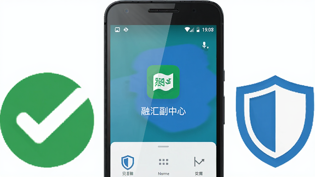 画面主体为一部安卓手机屏幕显示融汇副中心应用正常运行的界面,旁边放置一个绿色对勾图标和盾牌图标;布局采用手机居中,图标分列两侧;排版简洁明了;风格为扁平化图标设计,色彩以绿色和蓝色为主;细节上手机屏幕有轻微反光,背景为纯白;画质清晰,干净,无多余元素