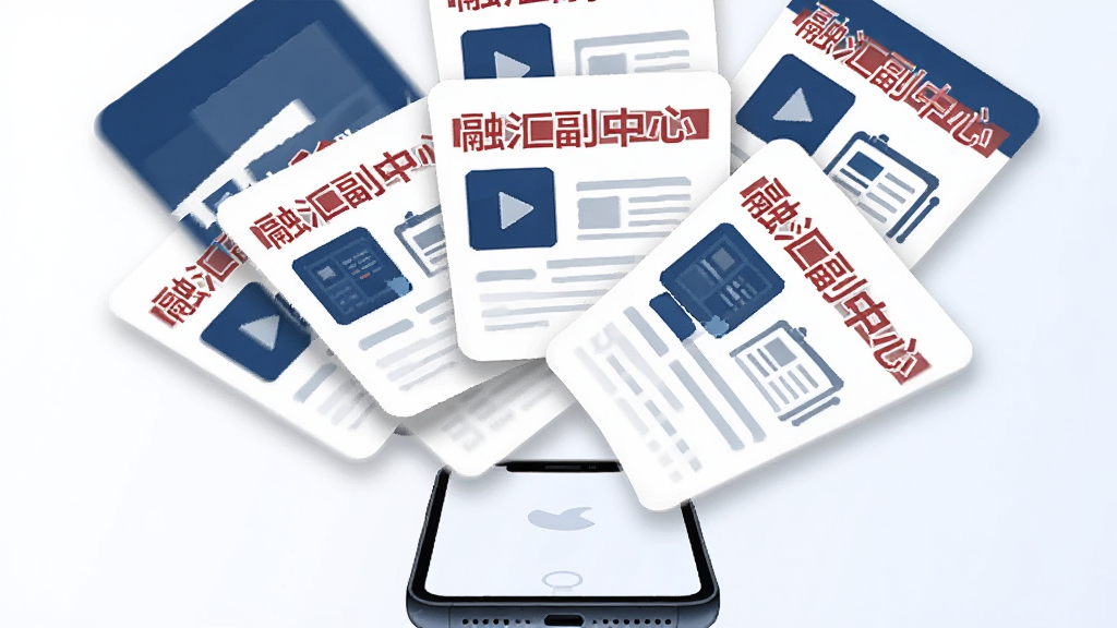 画面主体为一组悬浮的新闻卡片从手机屏幕中飞出,卡片上标注融汇副中心字样和各类资讯图标;布局采用发散式构图,卡片呈扇形展开;排版上手机位于画面下方中央,卡片向上扩散;风格为简洁商务扁平风,色彩以深蓝和白色为主,辅以红色标题点缀;细节上卡片带有轻微阴影和圆角,背景为干净的浅色渐变;画质清晰,无多余元素