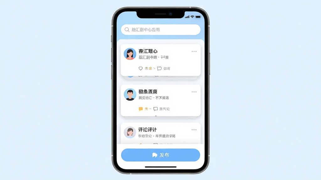 画面主体为融汇副中心应用中的社区互动界面截图风格展示,包含用户头像、帖子列表和评论区域;布局采用手机屏幕特写居中;排版上界面元素层次分明,顶部有搜索栏,底部有发布按钮;风格为清新浅色系UI设计图,色彩以白色和浅蓝为主;细节上头像有圆形边框,帖子卡片有轻微投影;画质高清,干净,无多余元素