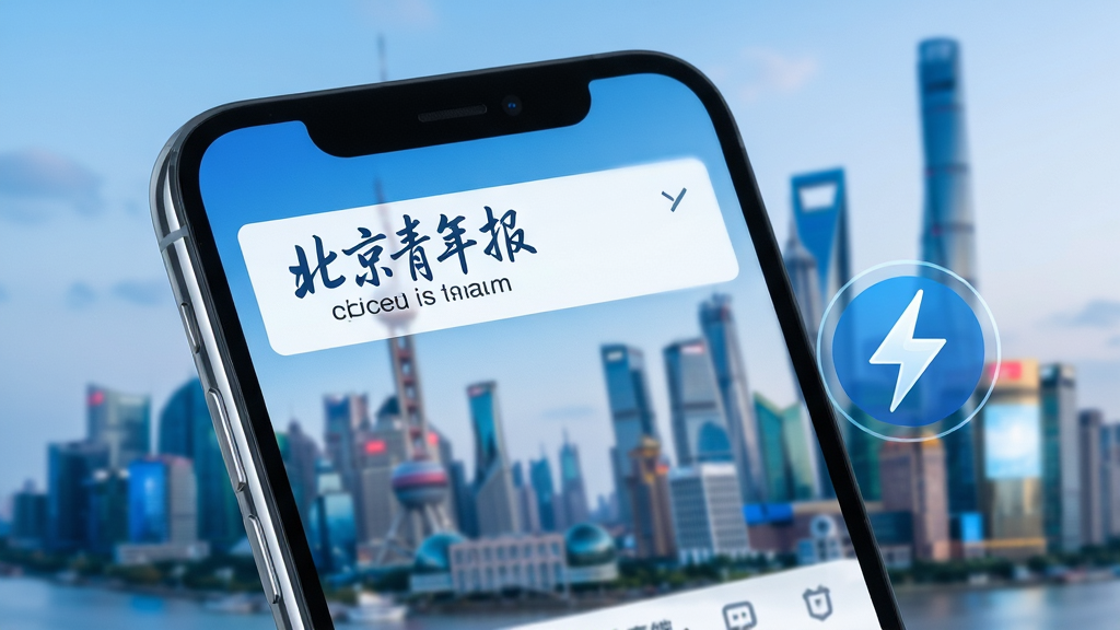以北京青年报客户端新闻推送为主题的AI生图,画面主体是一部智能手机特写,屏幕亮起显示一条突发新闻推送通知,通知栏上写着“北京青年报”字样,手机背景是虚化的城市天际线,画面右侧有闪电形状的推送图标,整体色调为科技蓝与白色,风格写实且富有现代感,细节锐利,画质清晰,干净利落,无多余元素。