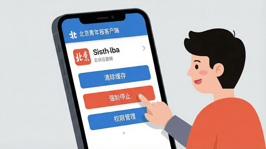 一幅展示手机应用管理界面的示意图,画面中手机屏幕显示着北京青年报客户端的应用信息页面,包含“清除缓存”“强制停止”“权限管理”等按钮,旁边有一个卡通人物正在点击屏幕,背景是简洁的浅灰色,风格扁平化,布局清晰,细节明确,画质干净,无多余元素。