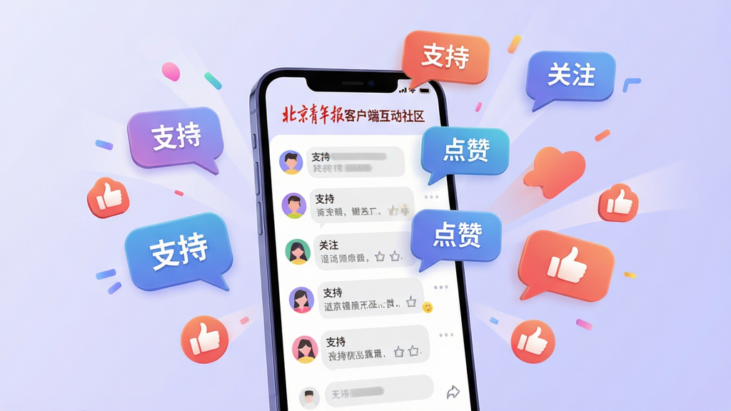 以北京青年报客户端互动社区为主题的AI生图,画面展示一部手机屏幕上的评论区界面,多条用户留言气泡从屏幕中飞出,气泡内写着“支持”“关注”“点赞”等字样,手机两侧有抽象的对话气泡和点赞图标漂浮,背景是柔和的浅紫色渐变,风格活泼现代,布局富有动感,细节清晰,画质干净,无多余元素。