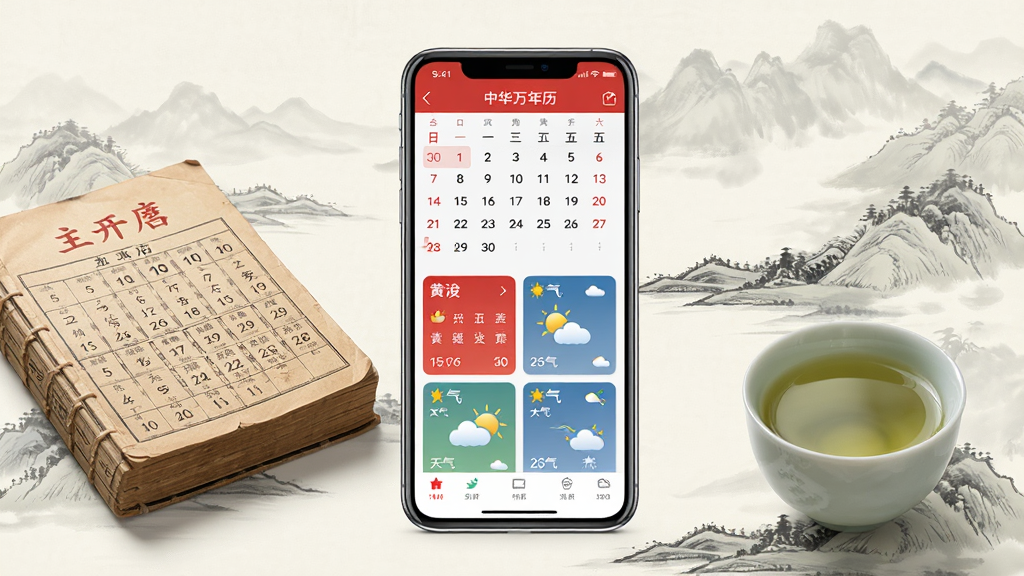 中华万年历软件主界面全貌展示,画面中央放置一部智能手机,屏幕内呈现日历、黄历、天气卡片整齐排列,背景为淡雅中国风山水纹理,桌面摆放一本传统老黄历与一杯清茶,风格写实清新,细节丰富,画质清晰,干净无多余元素