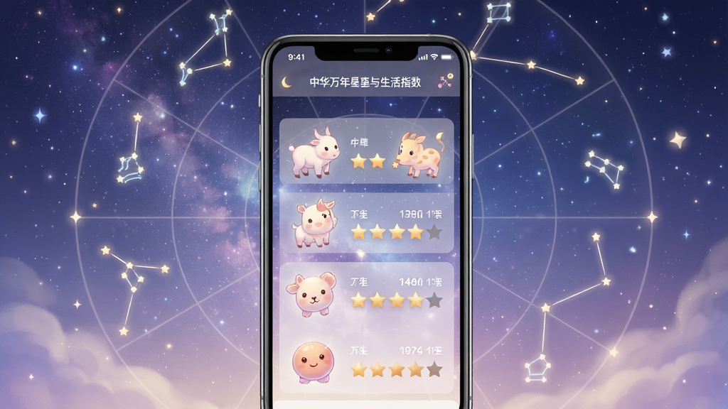 中华万年历生肖星座与生活指数页面,手机屏幕展示生肖图案与星级评分,背景为星空与十二星座连线,风格梦幻柔和,细节精致,画质清晰,干净无多余元素