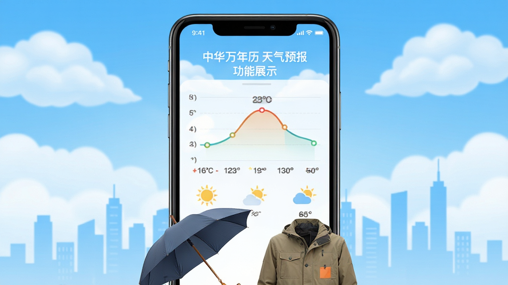 中华万年历天气预报功能展示,手机屏幕呈现温度曲线与天气图标,背景为蓝天白云与城市剪影,画面下方放置雨伞与外套,风格清新明亮,布局简洁,画质高清,干净无多余元素