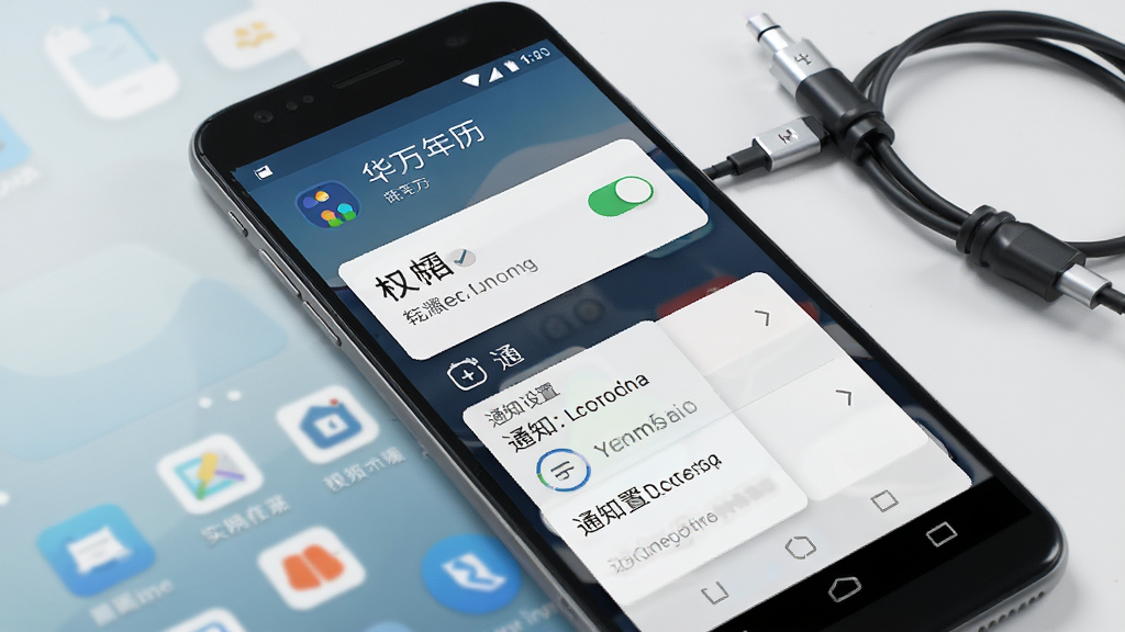中华万年历手机端安装设置界面示意图,画面展示安卓手机屏幕上的权限开关与通知设置选项,背景为简洁桌面与充电线,风格写实科技感,细节清晰,画质干净,无多余元素