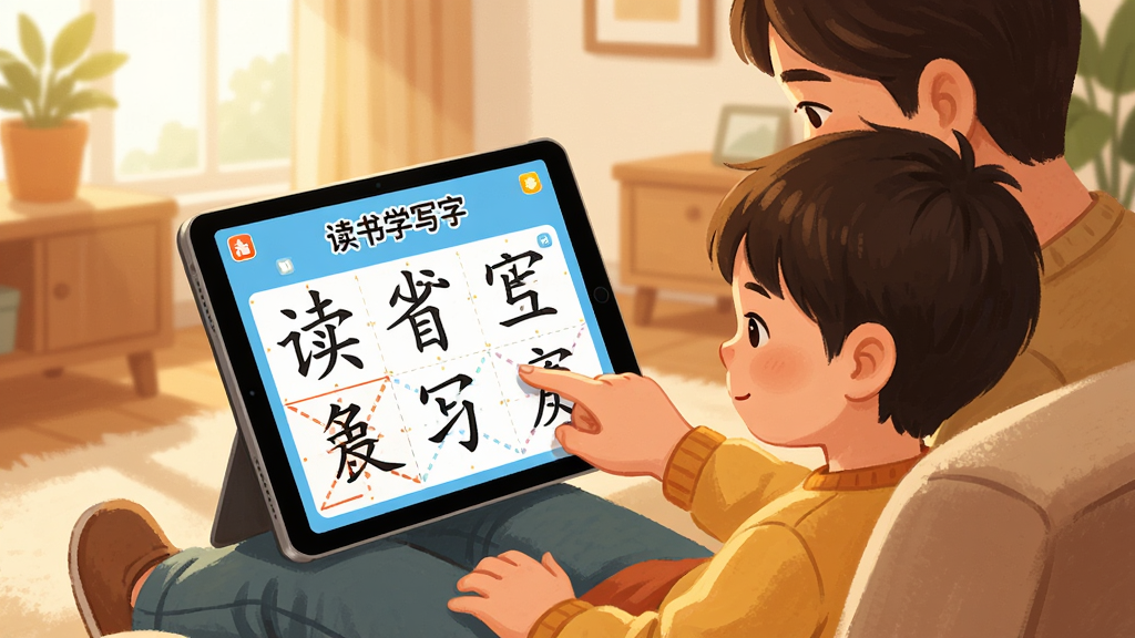 一幅展示家长陪伴孩子使用