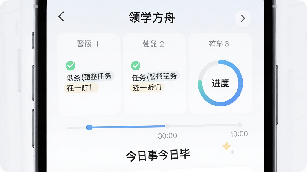 一幅AI生图,主体是一部手机屏幕显示领学方舟的学习计划日历界面,布局为居中特写,排版清晰展示每日任务打卡与进度环,风格为现代扁平化科技风,细节包括任务勾选标记、时间轴和鼓励性文字“今日事今日毕”,画质高清,干净整洁,无多余元素