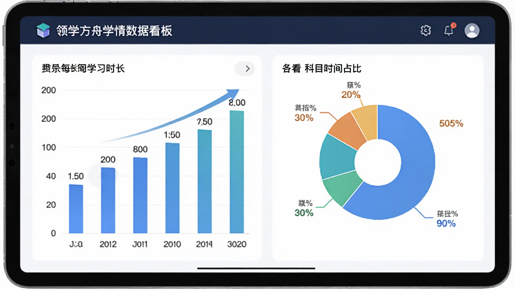 一张领学方舟学情数据看板的AI生图,主体为平板电脑屏幕展示学习统计图表,布局为横向排版,左侧为柱状图显示每周学习时长,右侧为饼图展示各科目时间占比,风格为简约商务风,细节包括数据标签和趋势箭头,画质清晰,干净无杂乱元素