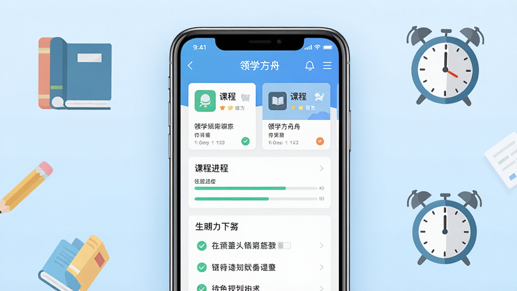 一张展示领学方舟移动端应用主界面的预览图,画面中央是一部智能手机,屏幕显示领学方舟APP的学习规划仪表盘界面,包含课程卡片、进度条和待办任务列表,背景是简洁的浅蓝色渐变,周围点缀着书籍、铅笔和时钟的扁平化图标,整体风格清新明快,画质清晰,干净无多余元素