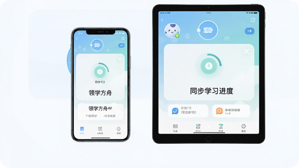 一张展示领学方舟在手机与平板双设备上同步学习进度的AI生图,主体为两部设备并排显示相同账号的学习界面,布局为左右对比,排版简洁,风格为清新浅色系,细节包括同步图标和数据一致性提示,画质高清,干净无多余元素