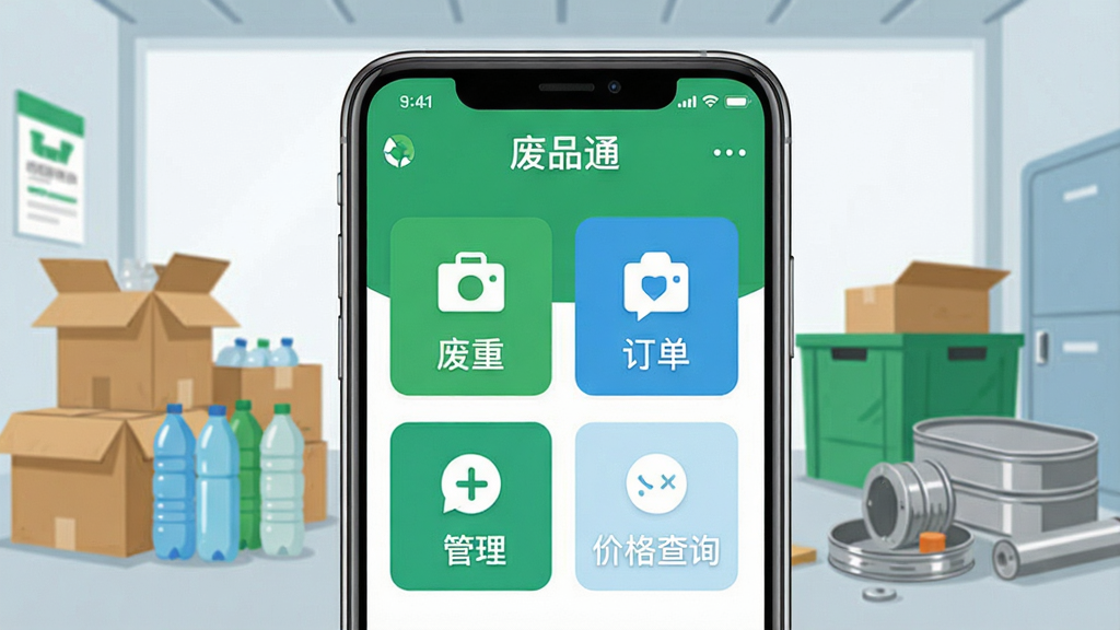 废品通软件主界面展示图,画面中央是一部智能手机,屏幕上显示废品通App的首页,包含过磅称重、订单管理、价格查询等功能图标,背景是整洁的废品回收站场景,有分类堆放的纸箱、塑料瓶和金属废料,整体风格明亮简洁,采用扁平化UI设计,色彩以绿色和蓝色为主,画面干净,文字清晰标注“废品通”,高清画质,无多余元素