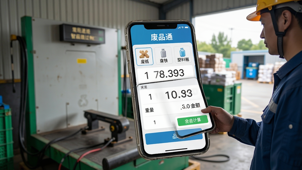 废品通智能过磅功能界面图,画面展示手机屏幕上的过磅称重页面,显示废纸、废铁、塑料瓶等品类选项,重量数字和金额自动计算,背景是回收站地磅场景,有工作人员正在操作手机,风格写实,色彩自然,屏幕内容清晰可见,标注“废品通”字样,高清画质,画面干净整洁