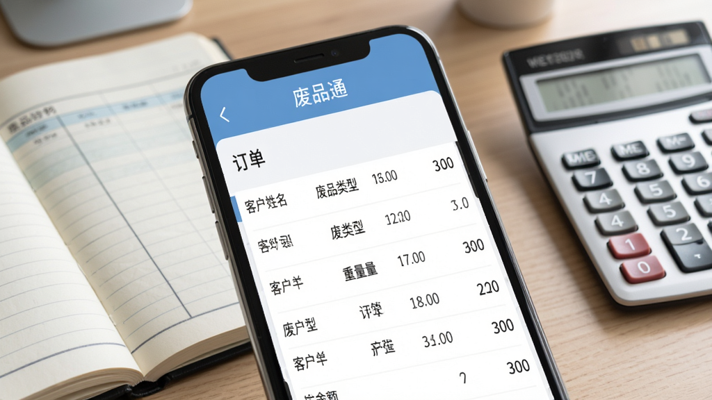 废品通订单管理界面图,手机屏幕显示订单列表,包含客户姓名、废品类型、重量和金额等信息,背景是办公桌面,有账本和计算器,风格商务简洁,色彩柔和,屏幕内容清晰,标注“废品通”,高清画质,无杂乱元素