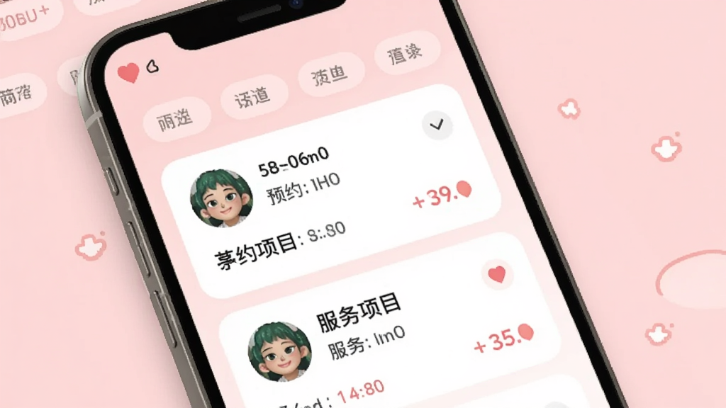 怪兽上门美妆商家端订单管理界面,手机屏幕显示多张订单卡片,卡片上有客户头像、预约时间、服务项目名称,屏幕上方有筛选标签,整体采用圆角卡片设计,浅粉色背景,风格柔和清新,画质清晰,无多余元素
