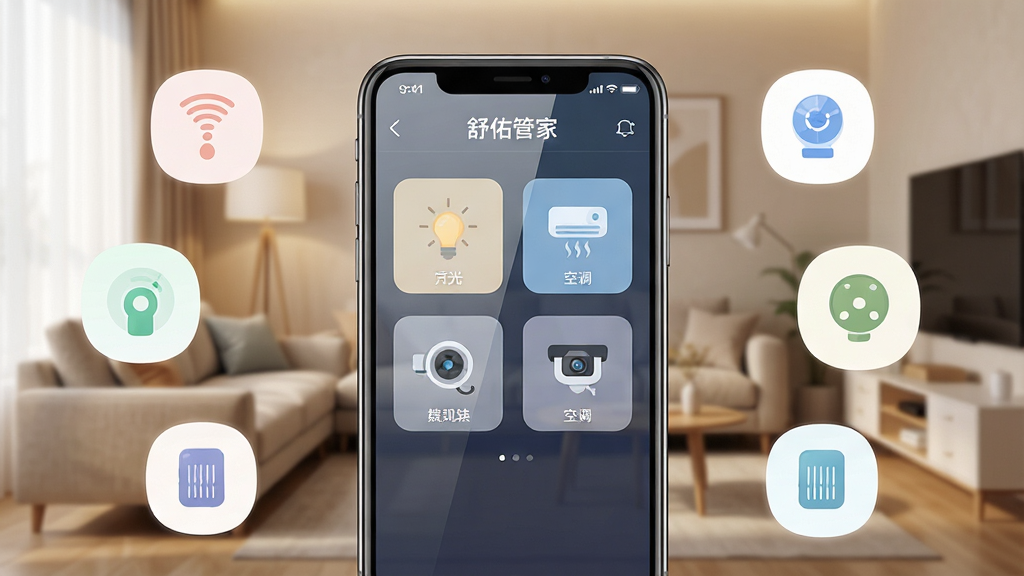 一张展示舒佑管家软件主界面的海报,画面中央是一部智能手机,手机屏幕上显示舒佑管家应用的控制面板,面板中包含灯光、空调、摄像头等设备图标,背景是温馨的现代客厅场景,布局为手机居中、周围环绕智能设备图标,排版简洁明了,风格为科技感扁平化设计,细节上手机屏幕有轻微反光、图标色彩柔和,画质高清、干净、无多余元素
