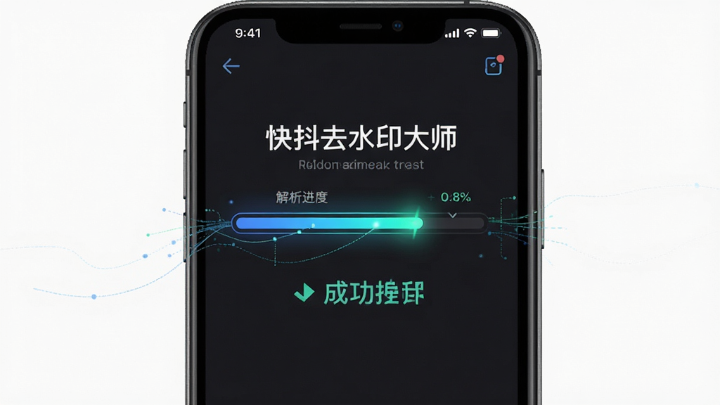 快抖去水印大师一键解析功能展示,主体为手机屏幕特写,屏幕中央显示解析进度条和成功提示,布局为居中对齐,排版简洁明了,风格为扁平化UI设计,细节上进度条带有动态光效,周围有细小的数据流动线条,背景为深色模式下的界面,画质清晰,画面干净无多余元素