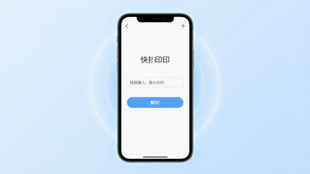 快抖去水印大师软件界面展示,主体为一部智能手机屏幕,屏幕上显示着简洁的去水印操作界面,包含链接输入框和解析按钮,布局清晰居中,排版采用上下结构,风格为现代科技感扁平化设计,细节上屏幕周围有柔和的光晕效果,背景为干净的浅蓝色渐变,画质高清,画面干净无多余元素