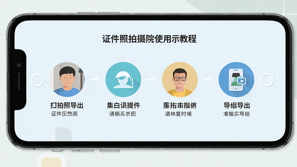 证件照拍摄院使用教程示意图,手机屏幕展示从拍摄到导出的完整流程,包含四个步骤图标和文字说明,风格扁平化,浅色背景,画质清晰,无多余元素
