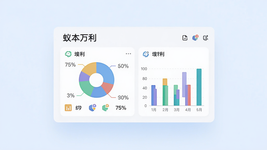 主体是一个悬浮在浅蓝色背景上的智能数据统计面板,面板上显示“蚁本万利”字样和饼状图、柱状图,布局为数据面板居中,排版分左右两栏,风格为商务简约风,细节包括彩色图表、百分比数字、分类图标,画质高清干净无多余元素