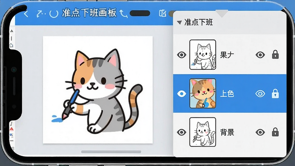 一张展示“准点下班画板”图层管理面板的界面截图风格图片,画面主体为手机屏幕,屏幕右侧展开图层列表,显示线稿层、上色层、背景层三个图层,每个图层带有眼睛图标和锁定图标,左侧画布显示一只正在绘制的卡通猫,整体布局清晰,风格扁平化设计,颜色以蓝白为主,画质干净无多余元素