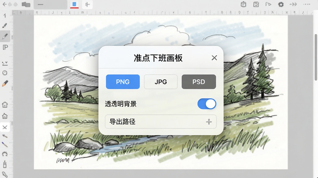 一张展示“准点下班画板”导出设置弹窗的图片,手机屏幕中央显示保存格式选项PNG、JPG、PSD三个按钮,下方有透明背景开关和导出路径选择,背景为画布上一幅完成度较高的风景速写,风格简洁实用,排版清晰,画质干净无多余元素
