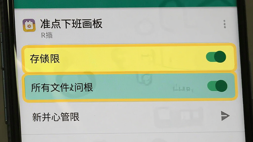 一张展示安卓手机设置界面的图片,页面显示“准点下班画板”的权限管理列表,存储权限和所有文件访问权限被高亮标注为开启状态,背景为手机系统设置菜单,风格写实清晰,布局规整,画质干净无多余元素