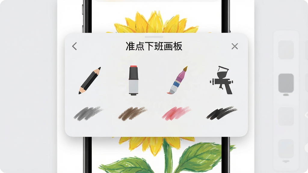 一张展示“准点下班画板”笔刷选择面板的图片,手机屏幕中央弹出笔刷列表,包含铅笔、马克笔、水彩笔、喷枪四个图标,每个图标下方有笔触预览线条,背景为浅灰色,画布上有一朵正在绘制的向日葵,风格清新明亮,布局整齐,画质干净无多余元素