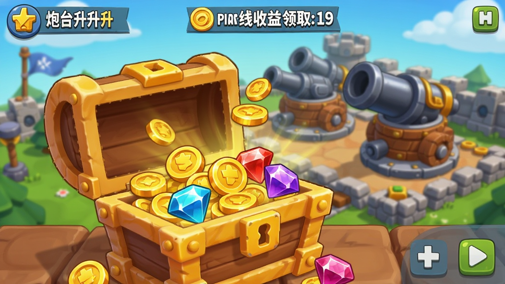 炮台升升升离线收益领取界面,画面中显示一个宝箱打开后涌出大量金币和宝石,背景为游戏内的炮台基地,风格卡通可爱,色彩鲜艳,画质清晰