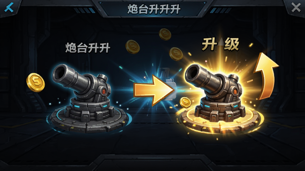 炮台升升升游戏内炮台合成界面,展示两个相同等级的炮台合并成一个更高级炮台的光效瞬间,周围有金币和升级箭头指示,背景为深色科幻风格,画面中心突出合成动画,干净无杂乱元素