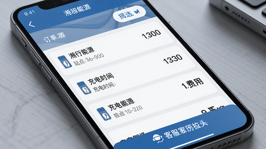 手机界面展示“湘行能源”订单管理页面,列表清晰排列多条充电记录,每条包含站点名称、充电时间、电量和费用,页面顶部有筛选按钮,底部有客服入口,界面风格清爽商务,蓝灰配色,细节精致,高清画质