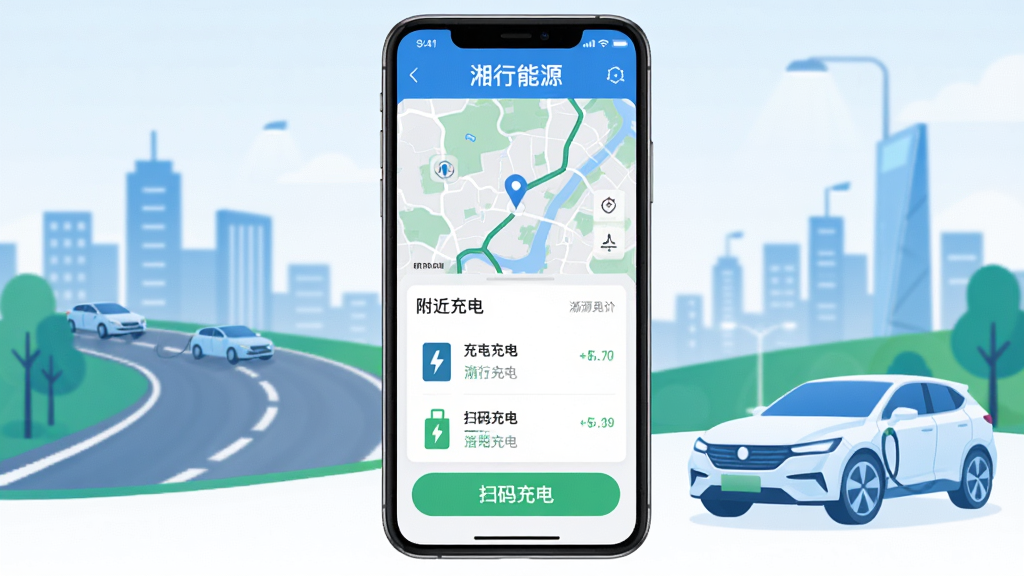 手机屏幕中央展示“湘行能源”应用主界面,界面包含地图导航、附近充电桩列表和扫码充电按钮,背景为湖南城市道路与新能源汽车轮廓,整体采用蓝白绿色调,扁平化UI设计风格,画面干净明亮,无多余装饰元素,高清画质
