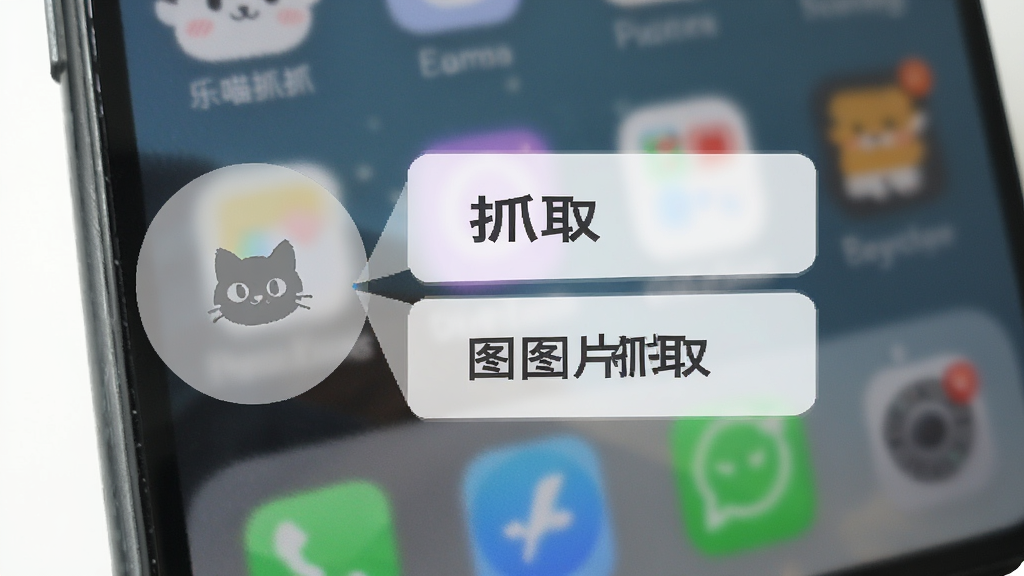 乐喵抓抓悬浮窗快捷操作展示图,手机屏幕边缘有一个半透明的圆形悬浮按钮,旁边展开文字抓取和图片抓取两个快捷选项,背景为日常手机桌面,风格简约实用,画质清晰,干净无多余元素