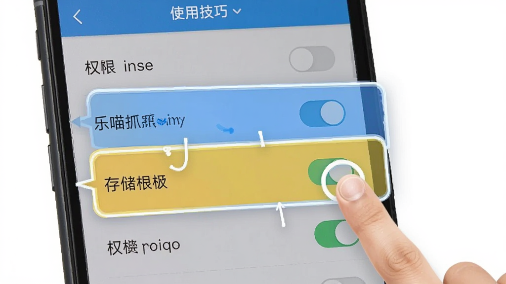 乐喵抓抓使用技巧示意图,手机屏幕上显示设置页面中的权限开关列表,悬浮窗权限和存储权限被高亮标注,旁边有手指点击的示意,风格清晰直观,画质良好,干净无多余元素