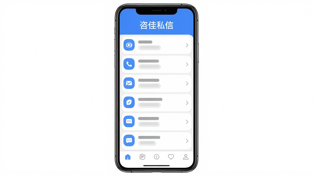 咨佳私信软件主界面展示,手机屏幕中央显示聊天列表,顶部有咨佳私信文字标识,界面简洁清爽,蓝白配色,扁平化设计风格,圆角图标,底部导航栏,整体布局整齐,干净无多余元素,高清画质