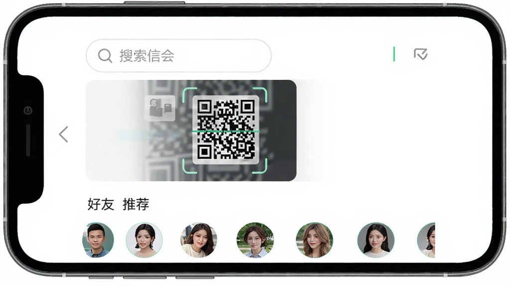 咨佳私信添加好友界面,手机屏幕显示搜索框和二维码扫描区域,下方有好友推荐列表,头像圆形排列,界面采用咨佳私信品牌色,简洁现代风格,布局合理,干净无多余元素,高清画质