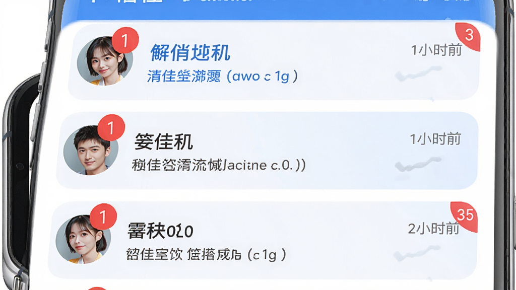 咨佳私信消息列表页,手机屏幕显示多个聊天会话条目,每条包含头像、昵称、最后一条消息预览和时间戳,红色未读角标醒目,界面清爽,蓝白主色调,圆角卡片式布局,干净无多余元素,高清画质