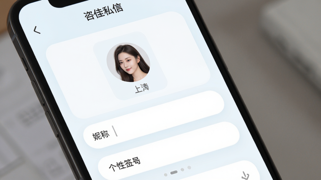 咨佳私信个人资料编辑页面,手机屏幕显示头像上传区域、昵称输入框、个性签名栏,界面采用浅色背景,柔和圆角设计,咨佳私信文字标识可见,布局清晰,干净无多余元素,高清画质
