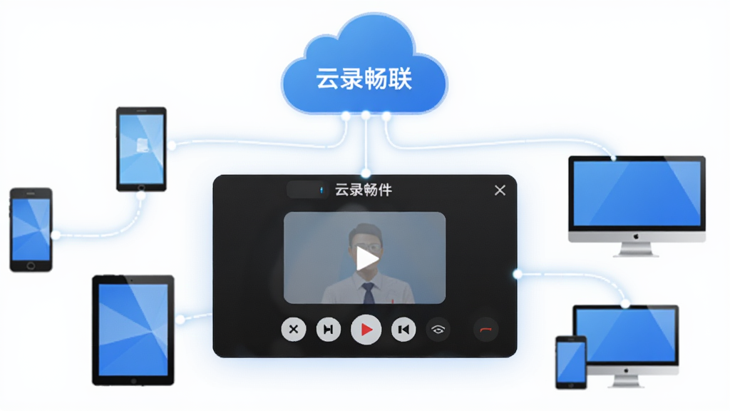 一张展示云录畅联软件界面的概念图,画面中央是悬浮的录屏控制面板,周围环绕着手机、平板、电脑等设备图标,通过发光的线条连接至一朵代表云端的云朵图标,整体风格为现代科技感,蓝白配色,简洁明亮,画质清晰,无多余元素