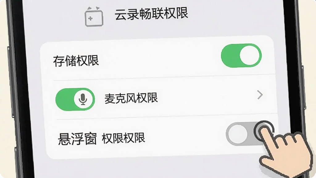 一张展示手机屏幕上云录畅联权限设置界面的截图风格图片,画面中清晰显示“存储权限”、“麦克风权限”、“悬浮窗权限”三个开关按钮,其中两个已开启为绿色,一个为灰色关闭状态,旁边有手指点击的图标,风格为扁平化UI设计,画质清晰