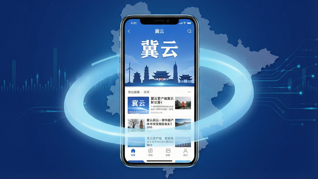 一幅展现冀云客户端核心全貌的宣传图,主体为一部智能手机,手机屏幕上显示冀云APP的新闻首页界面,界面中包含