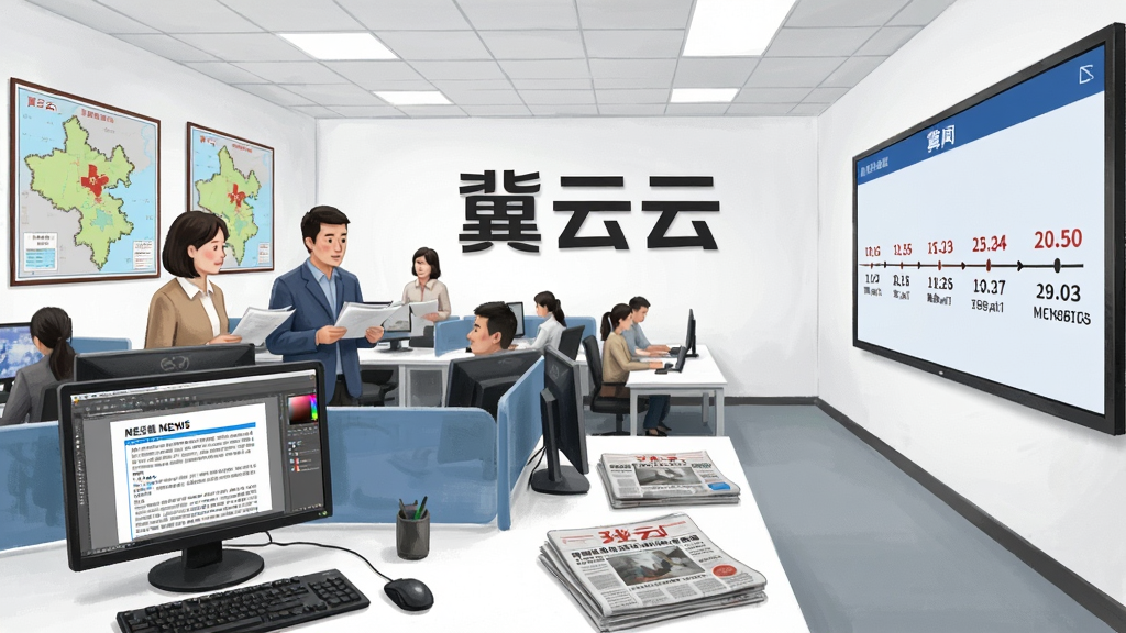 一个新闻编辑室场景,主体为多位编辑记者在明亮办公区讨论稿件,背景墙上有